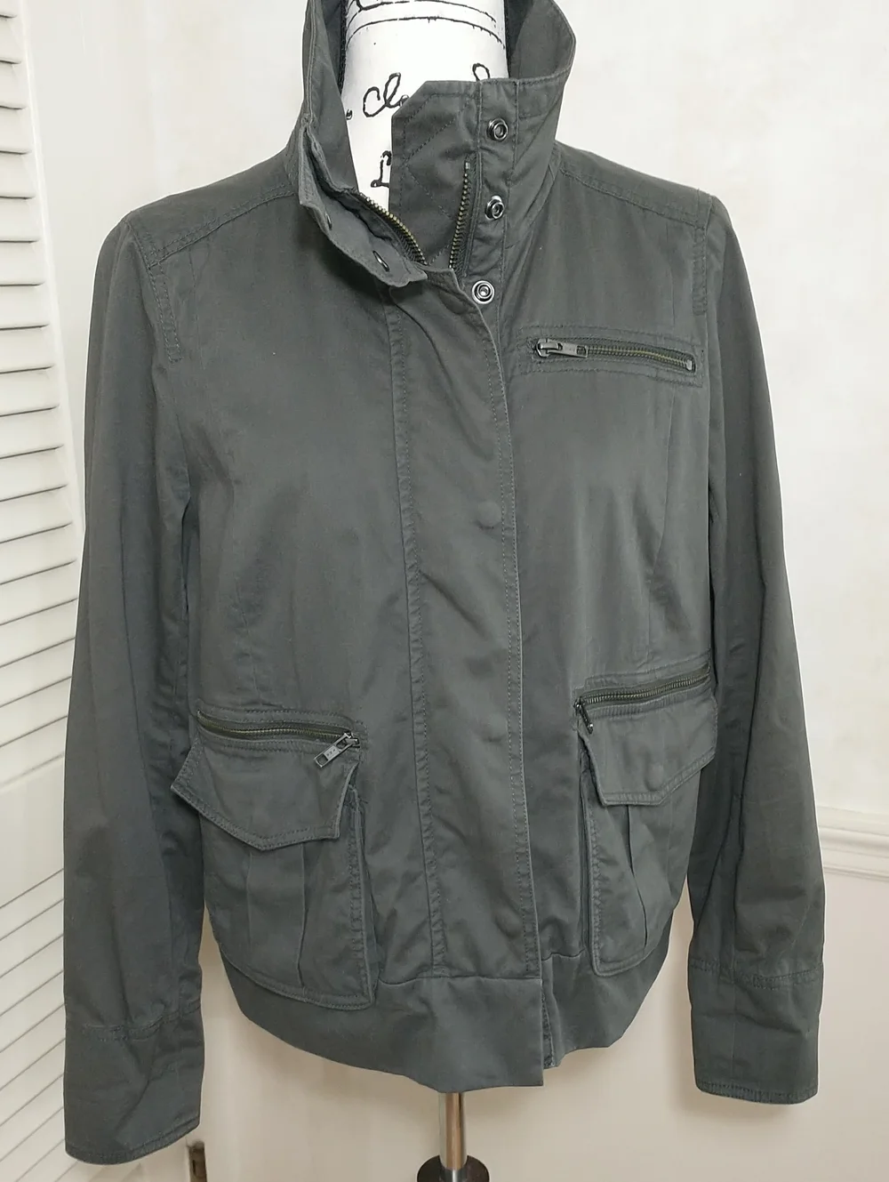 J Crew 100% Cotton Dark Khaki Funnel Neck Jacket, Size M, Fall Trendy Essential‎